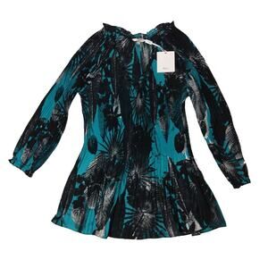 Milano Tunic Blouse Womens Small Blue Black 3/4 Sleeve Micro Pleats New MSRP $66